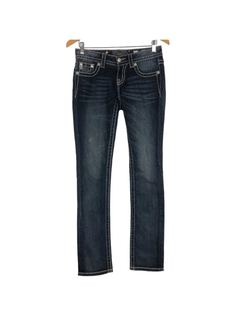 Miss Me Signature Straight Jeans Sz 26 X 33 Blue Denim Low Rise Embellished